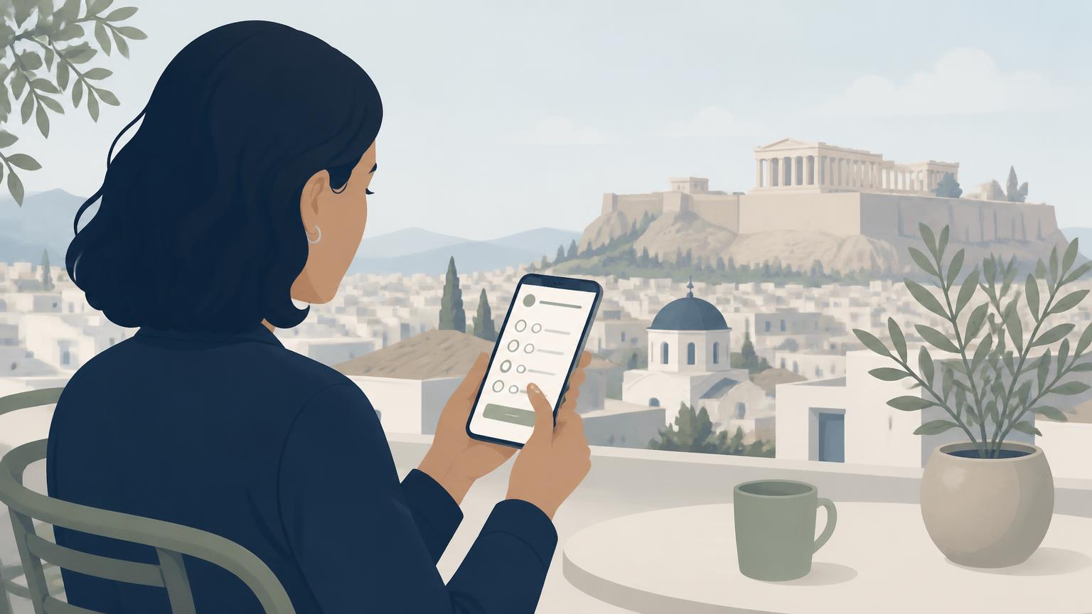 Άτομο κάνει μια σύντομη έρευνα στο κινητό σε ήσυχο σημείο της πόλης