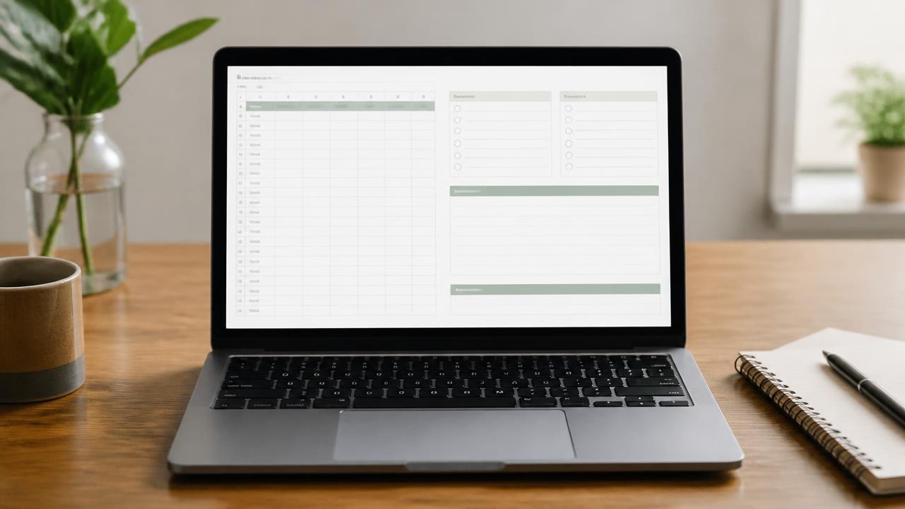 Laptop με απλό template οργάνωσης σε φύλλο εργασίας πάνω σε ξύλινο γραφείο