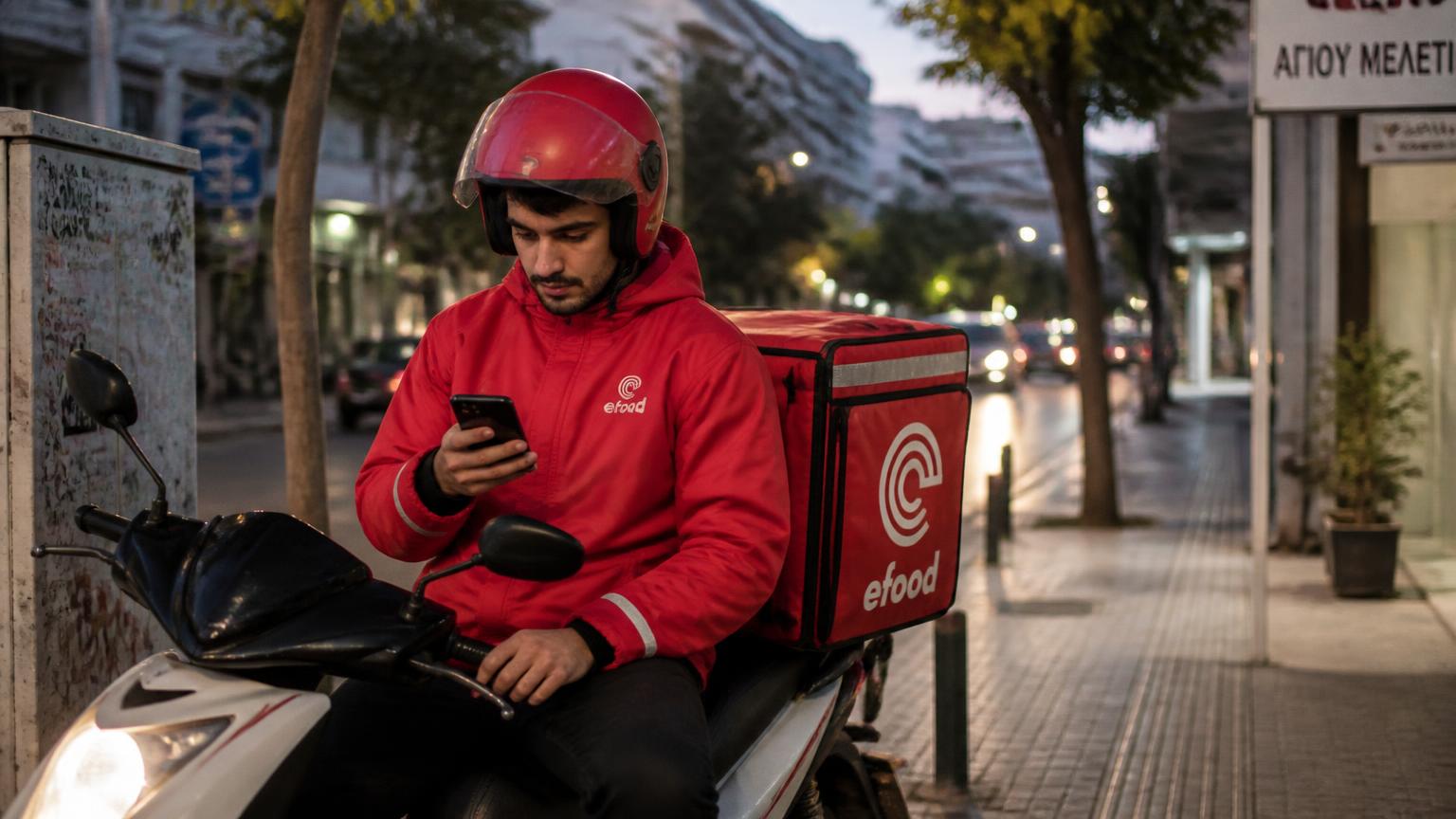 Διανομέας ελέγχει την εφαρμογή διανομέα στο κινητό του πάνω στο σταθμευμένο μηχανάκι, το βράδυ στην πόλη
