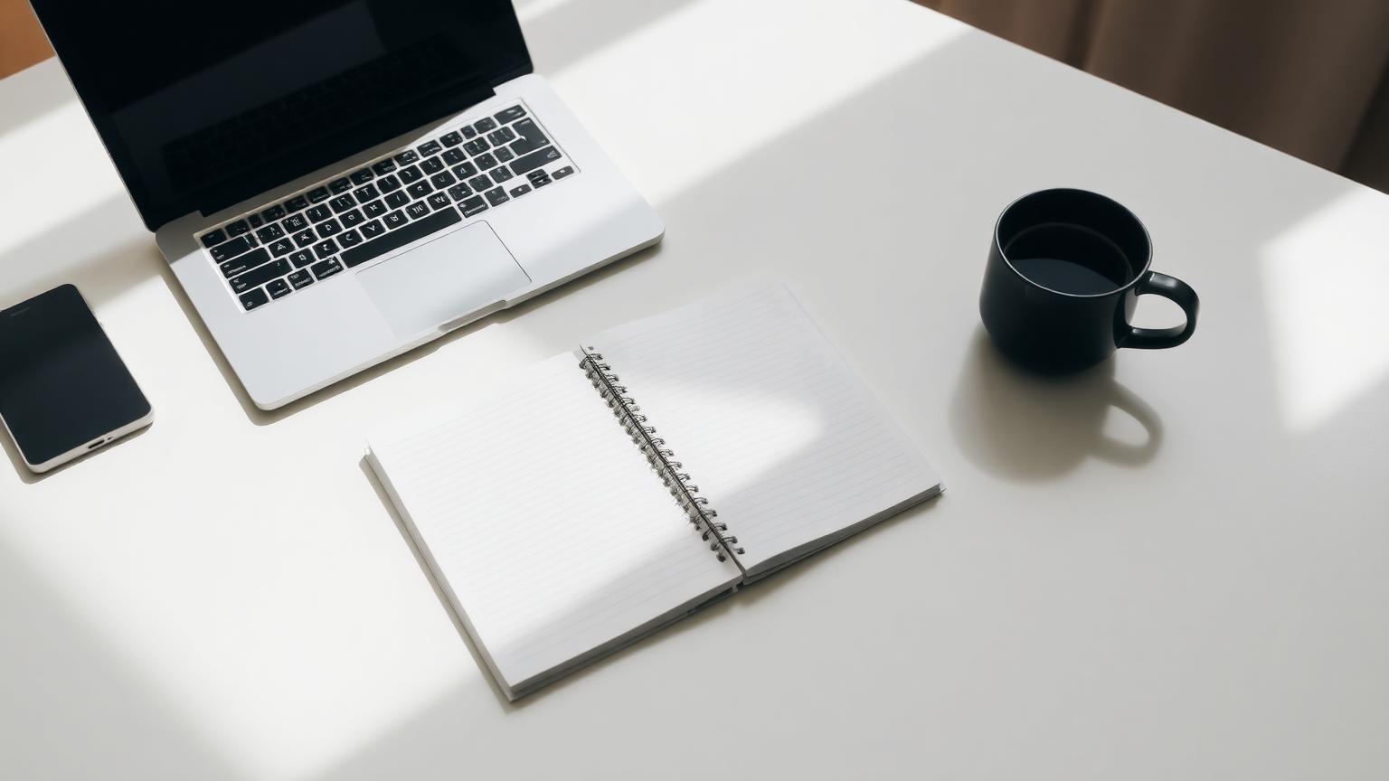Καθαρό γραφείο με laptop, σημειωματάριο και καφέ σε φυσικό φως