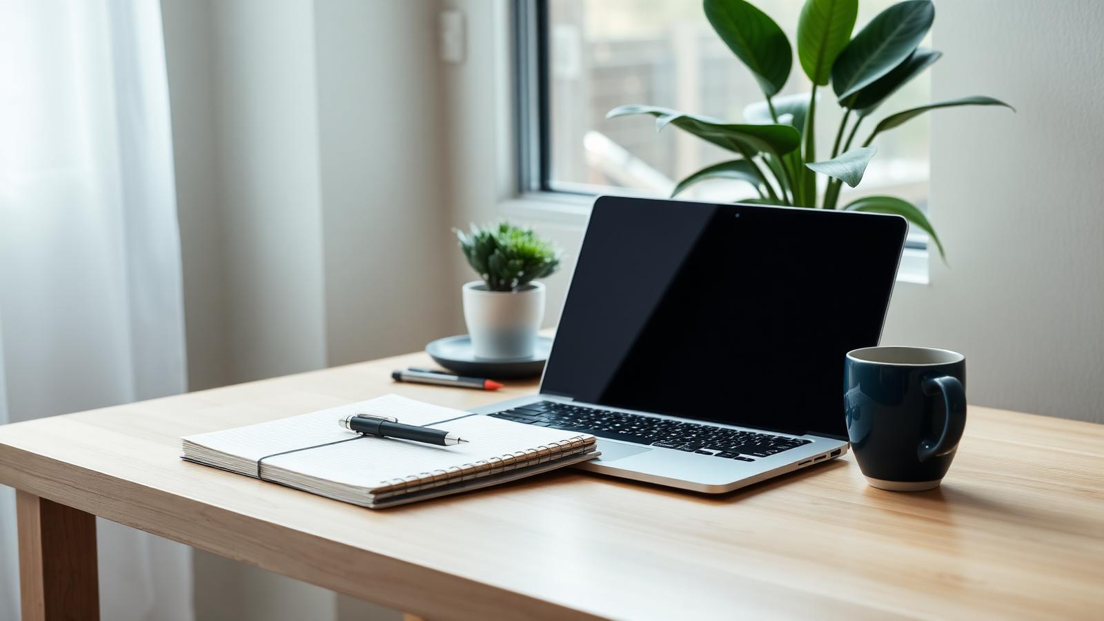Ήρεμος χώρος εργασίας με laptop και σημειώσεις για τη δημιουργία ψηφιακού προϊόντος