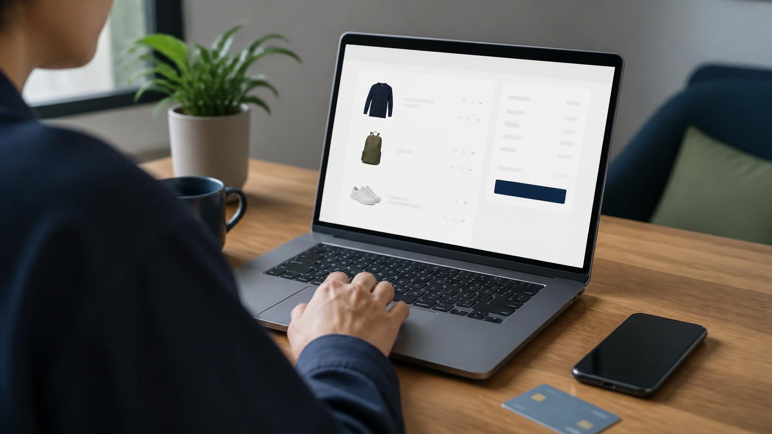Άτομο ολοκληρώνει online αγορά σε laptop με κάρτα και κινητό στο γραφείο